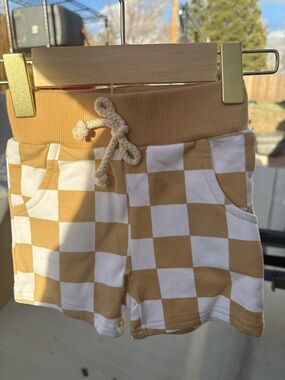 Checkerboard Drawstring Kids Shorts in Mustard & White